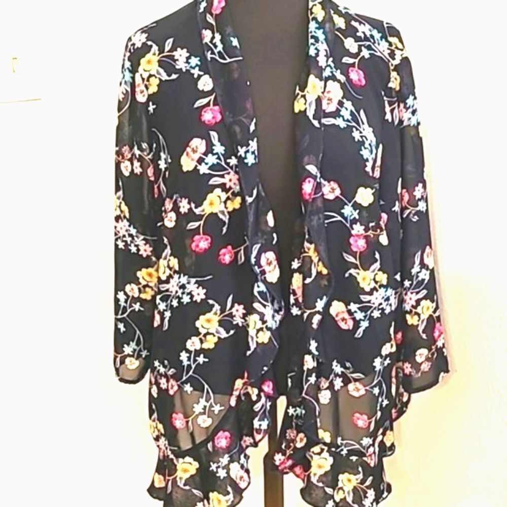 Bedford Fair Sheer Coverup Jacket, Navy w/Colorful Flowers & Ruffles, Size 2X